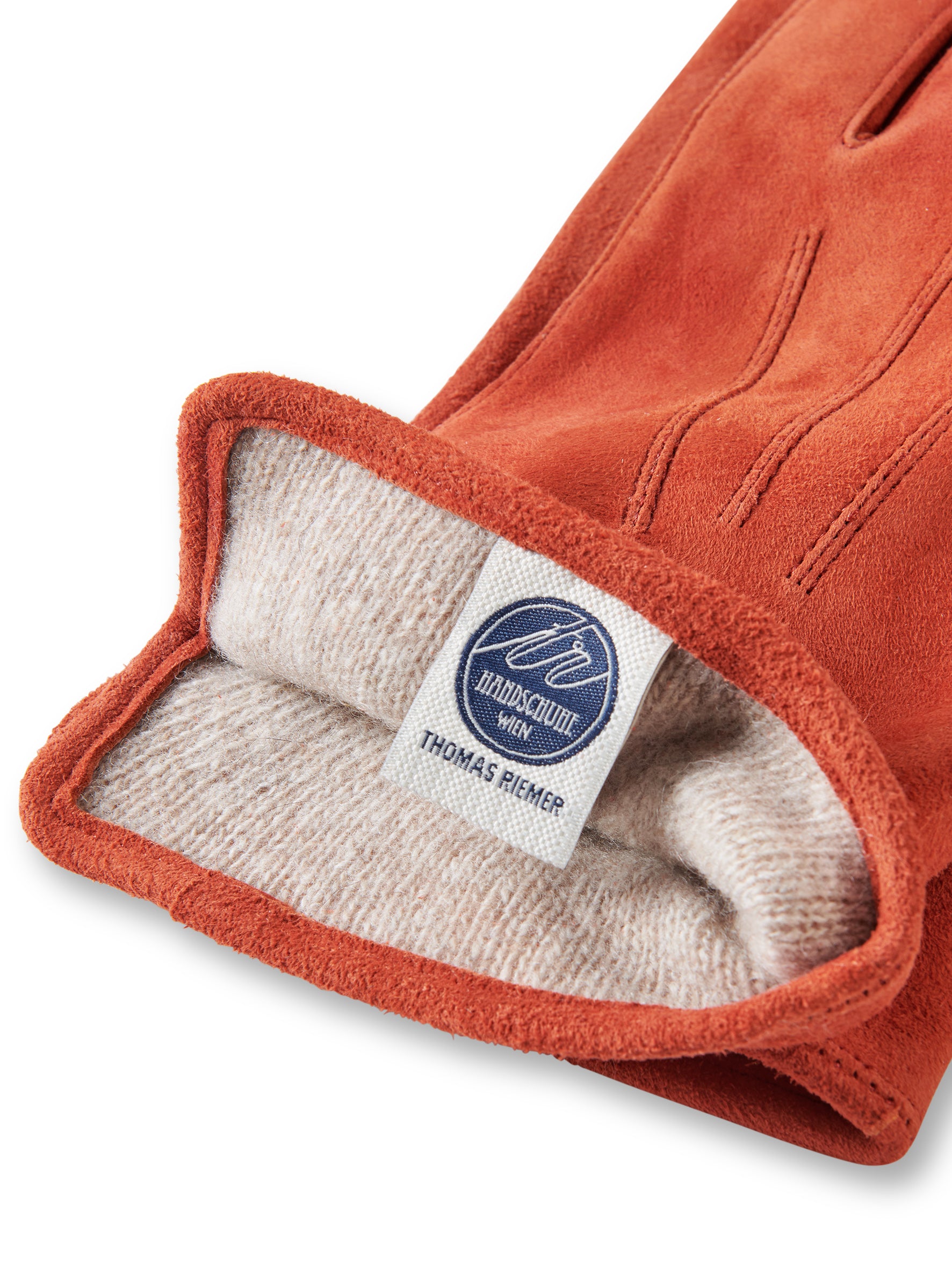 Orange velour goatskin gloves with cashmere lining